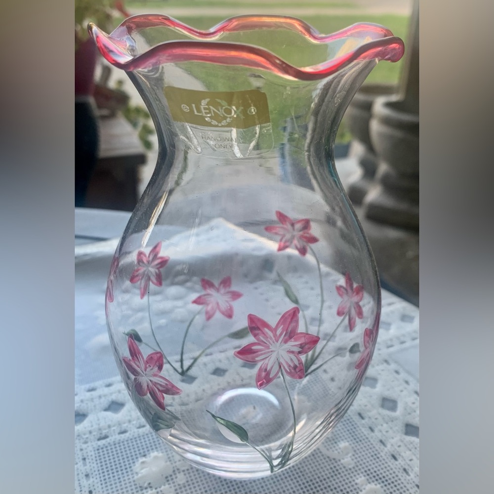 LENOX NWT Etched Glass Vase Cranberry Hand Painted Pink Flowers Scalloped Rim